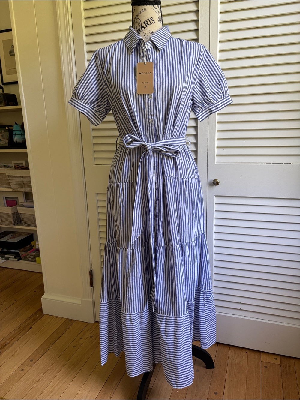 Blue White Stripe Button Down Shirt  Dress Pockets Tie Waist  M NWT